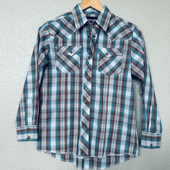 Wrangler Boys Blue and Brown Plaid Pearl Snap Shirt L - Picture 1 of 4